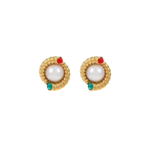 Wholesale Women's Vintage Round Twist Wrapped Earrings With Pearl Natural Stone Stainless Steel 18K Electroplated