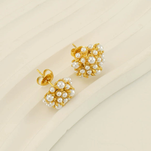 Wholesale Women's Vintage Simple Natural 316L Stainless Steel 18K Gold Plated Sunflower Pearl Earrings