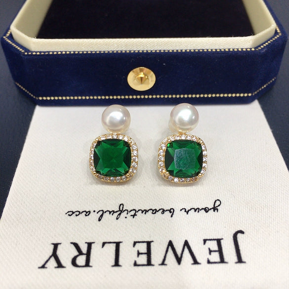 Wholesale Women's Vintage Square Zircon And Natural Freshwater Pearl Earrings With Alloy Inlay