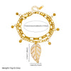 Wholesale Women's Vintage Stacked Doublelayer Stainless Steel Electroplated Gold Bead Leaf Pendant Bracelet