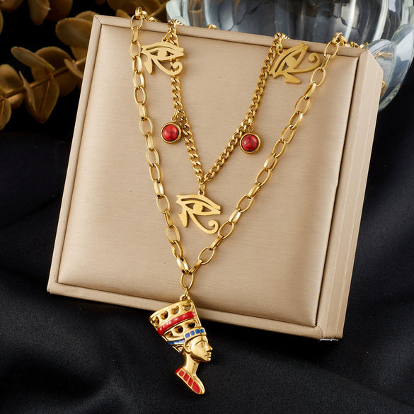 Wholesale Women's Vintage Stacking Gold Plated Stainless Steel Flat Cross Chain Necklace With Eye And Portrait Pendant
