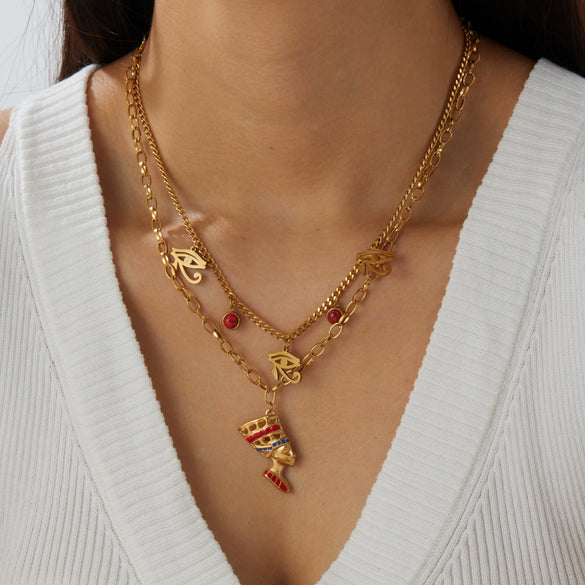 Wholesale Women's Vintage Stacking Gold Plated Stainless Steel Flat Cross Chain Necklace With Eye And Portrait Pendant