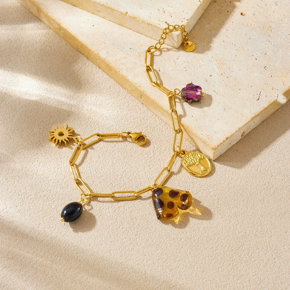 Wholesale Women's Vintage Stainless Steel Electroplated Oval Life Tree Sun Pendant Petal Leopard Print Resin Diy Multi Accessories Chain Bracelet With Flower Pattern