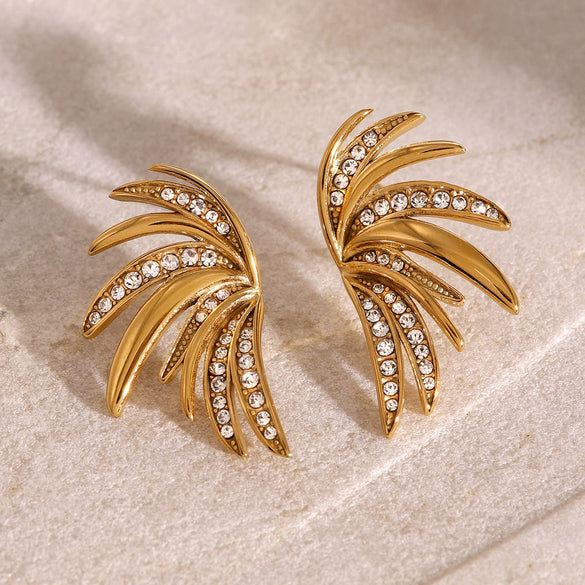 Wholesale Women's Vintage Stainless Steel Geometric Leaf Wing Earrings With White Zircon And 18K Gold Nonfading