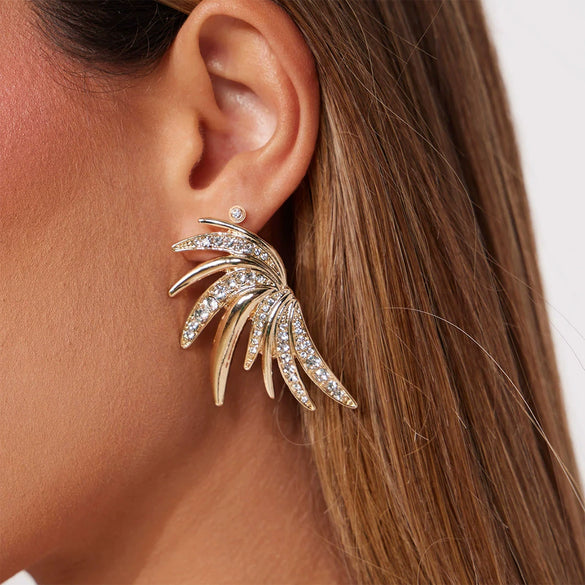 Wholesale Women's Vintage Stainless Steel Geometric Leaf Wing Earrings With White Zircon And 18K Gold Nonfading