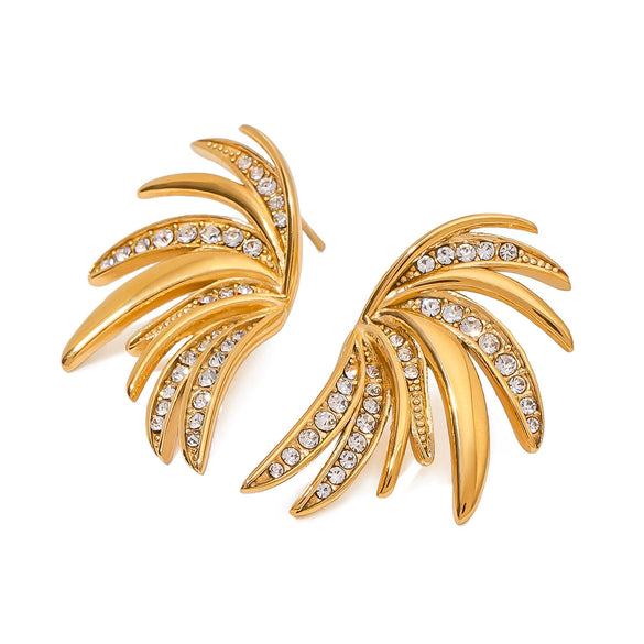 Wholesale Women's Vintage Stainless Steel Geometric Leaf Wing Earrings With White Zircon And 18K Gold Nonfading