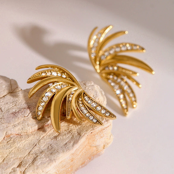 Wholesale Women's Vintage Stainless Steel Geometric Leaf Wing Earrings With White Zircon And 18K Gold Nonfading