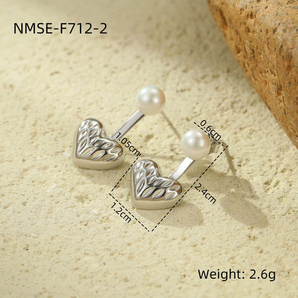 Wholesale Women's Vintage Stainless Steel Heart Earrings With Pearls Electroplated