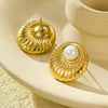 Wholesale Women's Vintage Stainless Steel Inlaid Pearl Irregular Round Earrings With Electroplating