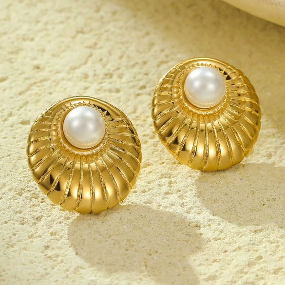 Wholesale Women's Vintage Stainless Steel Inlaid Pearl Irregular Round Earrings With Electroplating