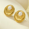 Wholesale Women's Vintage Stainless Steel Inlaid Pearl Irregular Round Earrings With Electroplating