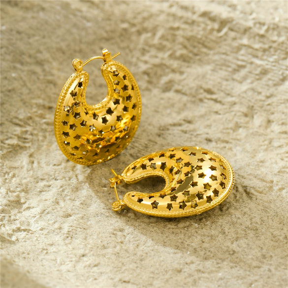 Wholesale Women's Vintage Stainless Steel 18K Electroplated Ushaped Hollow Starshaped Moon Earrings