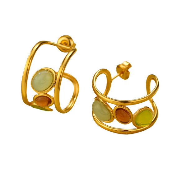 Wholesale Women's Vintage Stainless Steel 18K Gold Electroplated Cshaped Natural Stone Earrings