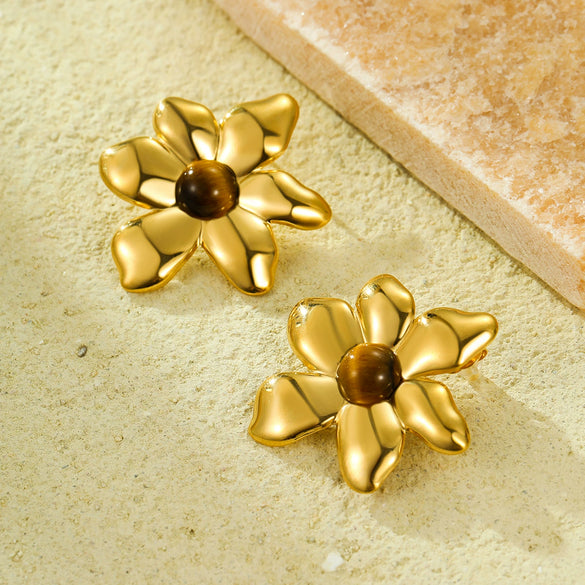 Wholesale Women's Vintage Stainless Steel 18K Gold Plated Irregular Petals Natural Stone Earrings