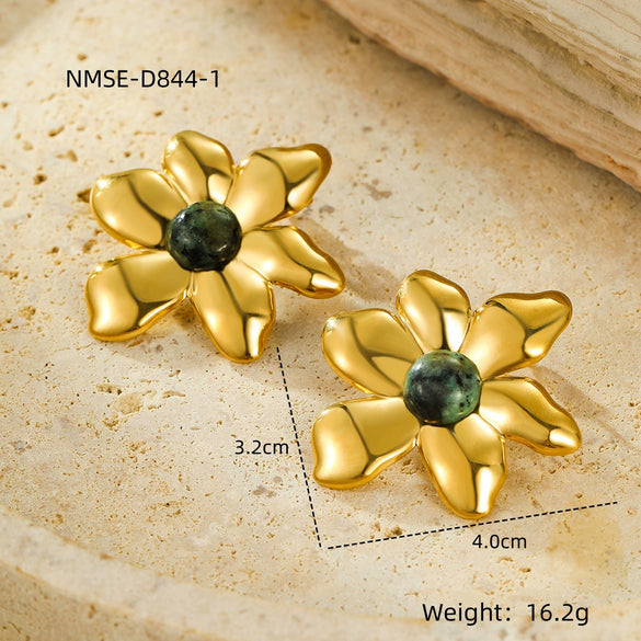 Wholesale Women's Vintage Stainless Steel 18K Gold Plated Irregular Petals Natural Stone Earrings