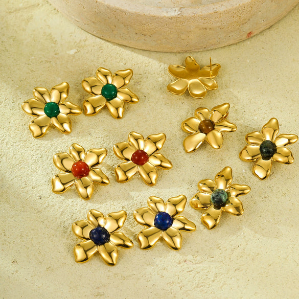 Wholesale Women's Vintage Stainless Steel 18K Gold Plated Irregular Petals Natural Stone Earrings