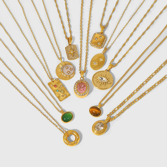 Wholesale Women's Vintage Stainless Steel Necklace With Natural Stone Pendant And Zircon Geometric Style Electroplated