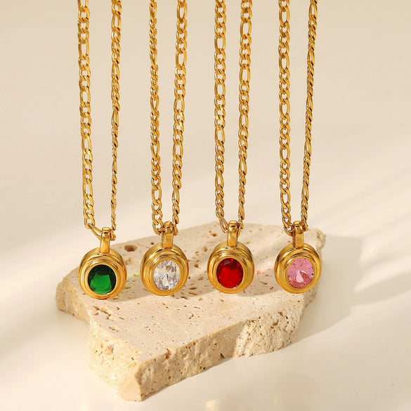 Wholesale Women's Vintage Stainless Steel Necklace With Natural Stone Pendant And Zircon Geometric Style Electroplated