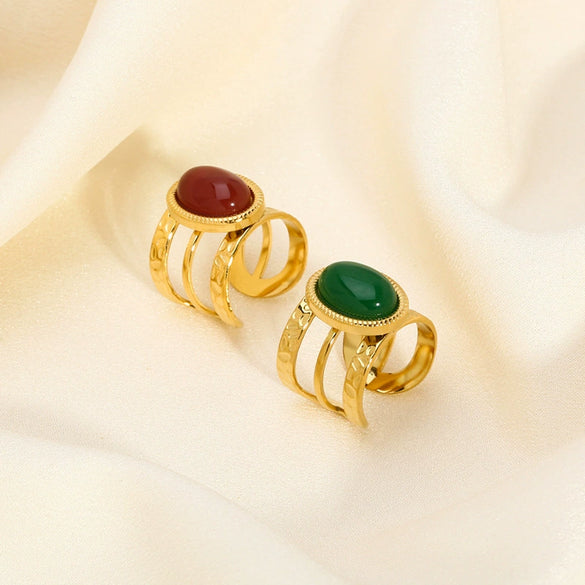 Wholesale Women's Vintage Stainless Steel Open Ring With Natural Stone And Vacuum Real Gold Electroplating In Pvd Furnace Geometric Design