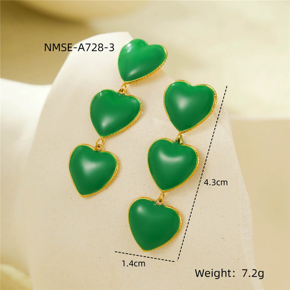 Wholesale Women's Vintage Style Stainless Steel Love Oil Drop Tassel Peach Heart Earrings 18K Gold Plated