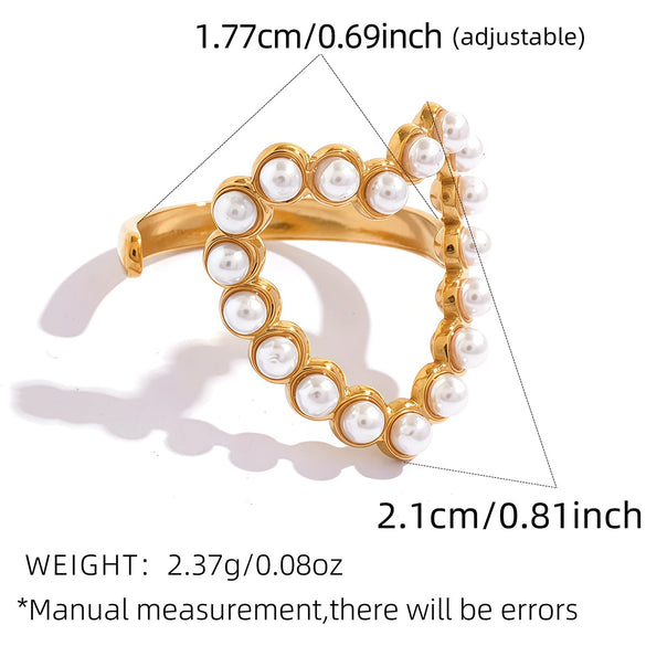 Wholesale Women's Vintage Style Stainless Steel Love Shape Pearl Ring With Pvd Furnace Vacuum Real Gold Plating