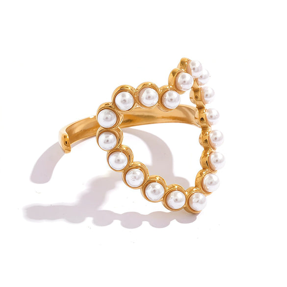 Wholesale Women's Vintage Style Stainless Steel Love Shape Pearl Ring With Pvd Furnace Vacuum Real Gold Plating