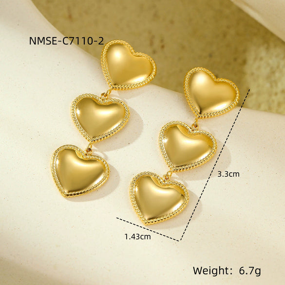 Wholesale Women's Vintage Style Threelayer Edge Love Tassel Earrings 18K Goldplated Stainless Steel Electroplated
