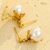 Wholesale Women's Vintage Titanium Steel And Stainless Steel Goldplated Petals Inlaid With Zircon Pearl Pendant Earrings