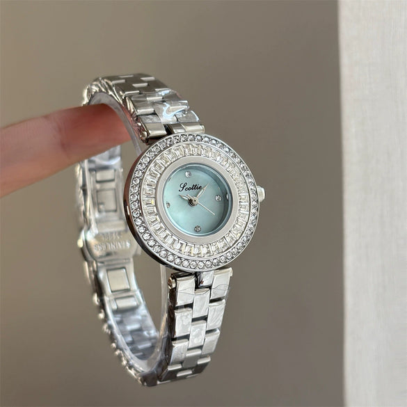 Wholesale Women's Watch With Diamondencrusted Motherofpearl Face Stainless Steel Band Alloy Strap Round Dial Metal Case