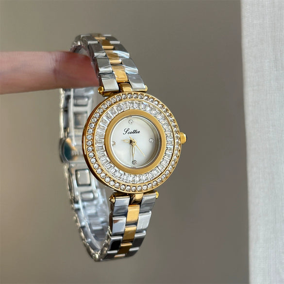 Wholesale Women's Watch With Diamondencrusted Motherofpearl Face Stainless Steel Band Alloy Strap Round Dial Metal Case