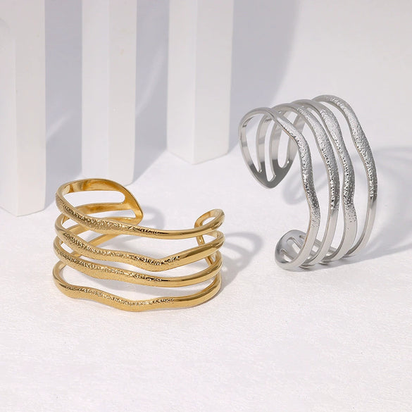 Wholesale Women's Wide Version Exaggerated High End Retro Geometric Irregular Stainless Steel Gold Plated Bracelet