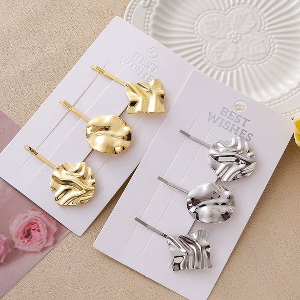 Wholesale Women's Zinc Alloy And Alloy Hairpin With Geometric Design And Electroplating Process Oval Shape Pleated And Pit Surface Style