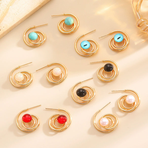 Wholesale Women's Zinc Alloy Geometric Electroplated Cring Earrings With Natural Stone Pearls