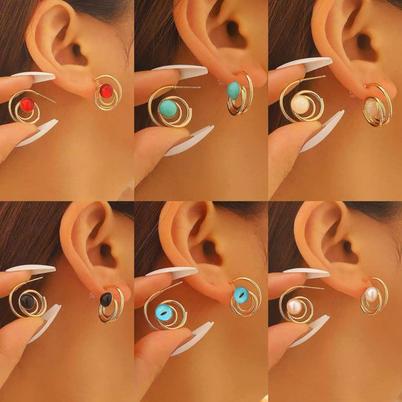 Wholesale Women's Zinc Alloy Geometric Electroplated Cring Earrings With Natural Stone Pearls