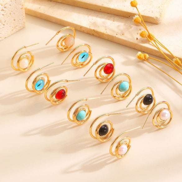 Wholesale Women's Zinc Alloy Geometric Electroplated Cring Earrings With Natural Stone Pearls