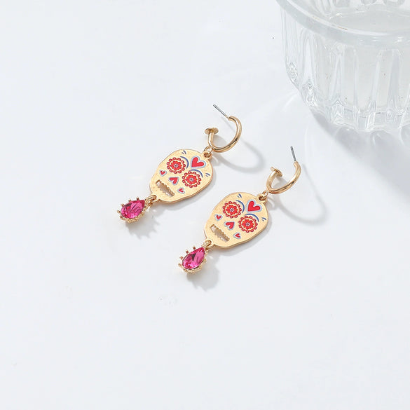 Wholesale Women's Zinc Alloy Skull Heart Geometric Print Dropshaped Pendant Earrings With Electroplating