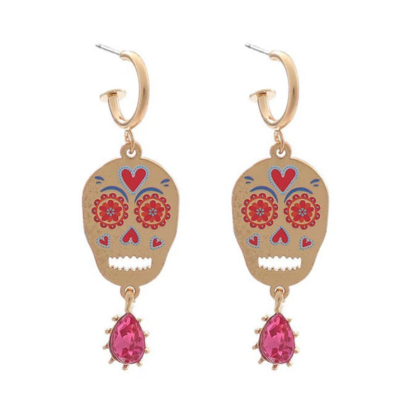 Wholesale Women's Zinc Alloy Skull Heart Geometric Print Dropshaped Pendant Earrings With Electroplating