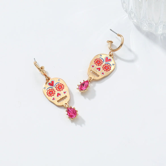 Wholesale Women's Zinc Alloy Skull Heart Geometric Print Dropshaped Pendant Earrings With Electroplating