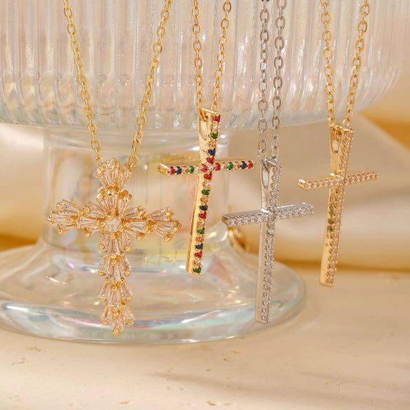 Wholesale Women's Zircon Multicolor Cross Twisted Chain Necklace Fashion Geometric Style