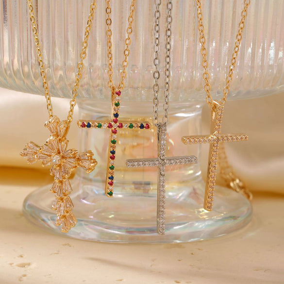 Wholesale Women's Zircon Multicolor Cross Twisted Chain Necklace Fashion Geometric Style