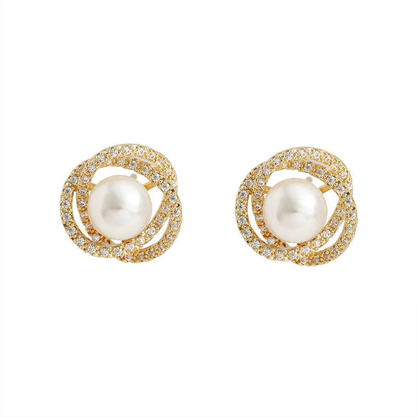 Wholesale Women's Zirconencrusted Camellia Pearl Copper Earrings With Flower Pattern