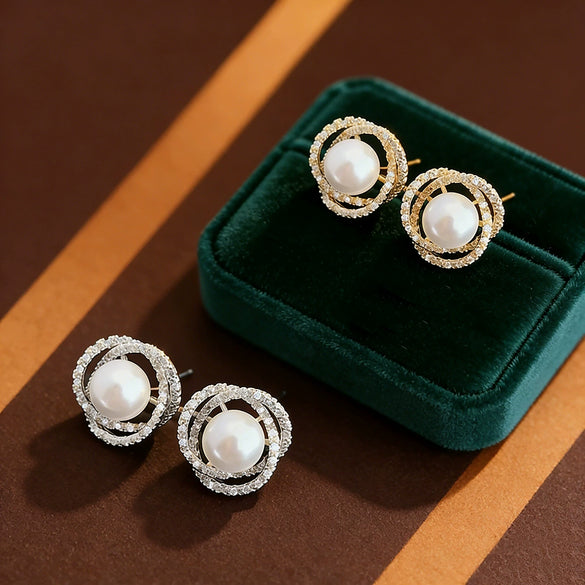 Wholesale Women's Zirconencrusted Camellia Pearl Copper Earrings With Flower Pattern