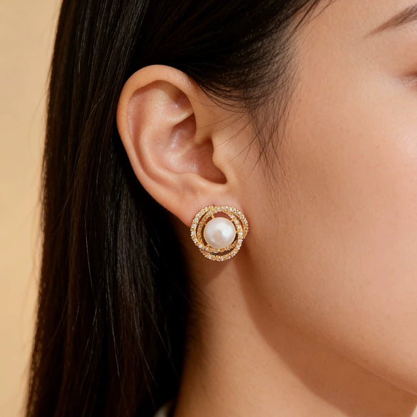 Wholesale Women's Zirconencrusted Camellia Pearl Copper Earrings With Flower Pattern