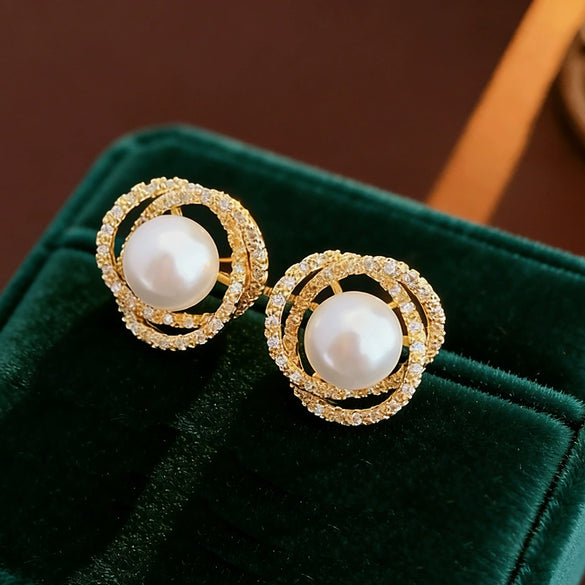 Wholesale Women's Zirconencrusted Camellia Pearl Copper Earrings With Flower Pattern