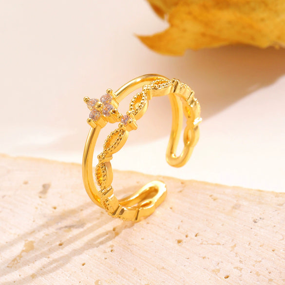 Wholesale Women's Zirconencrusted Copper Flower Ring Light Luxury Style