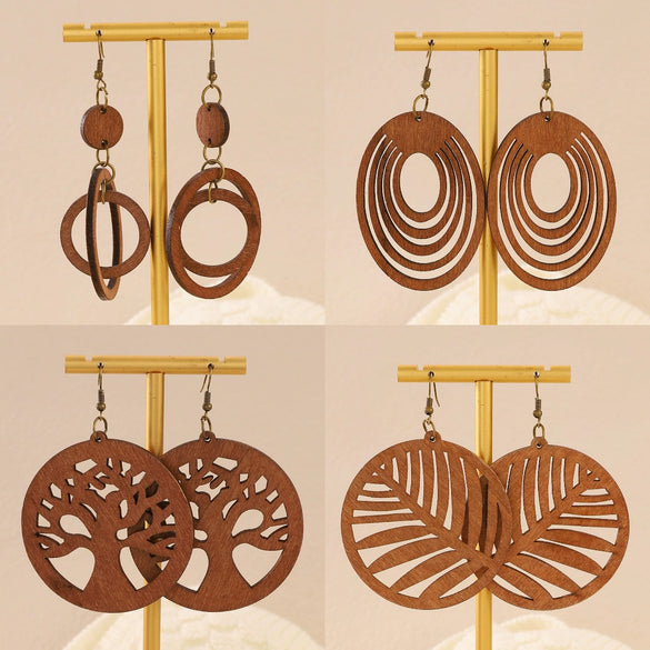 Wholesale Wood Earrings With Geometric And Leaves Pattern Hollow And Cutting Design For Women