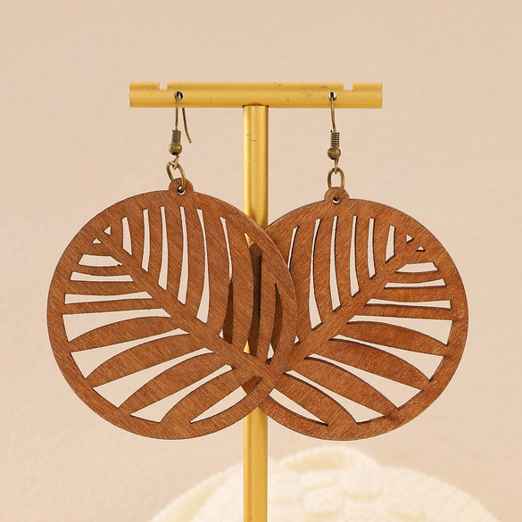 Wholesale Wood Earrings With Geometric And Leaves Pattern Hollow And Cutting Design For Women