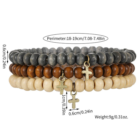 Wholesale Wooden Beads Alloy Handmade Geometric Cross Pendant Bracelet Set