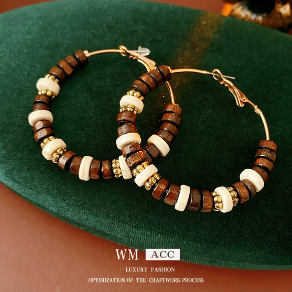 Wholesale Wooden Bohemian Retro Geometric Flower Beaded Earrings With Electroplating