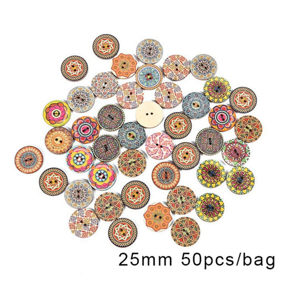 Wholesale Wooden Buttons With Multicolor Printing Flower And Totem Patterns Classic Retro Style